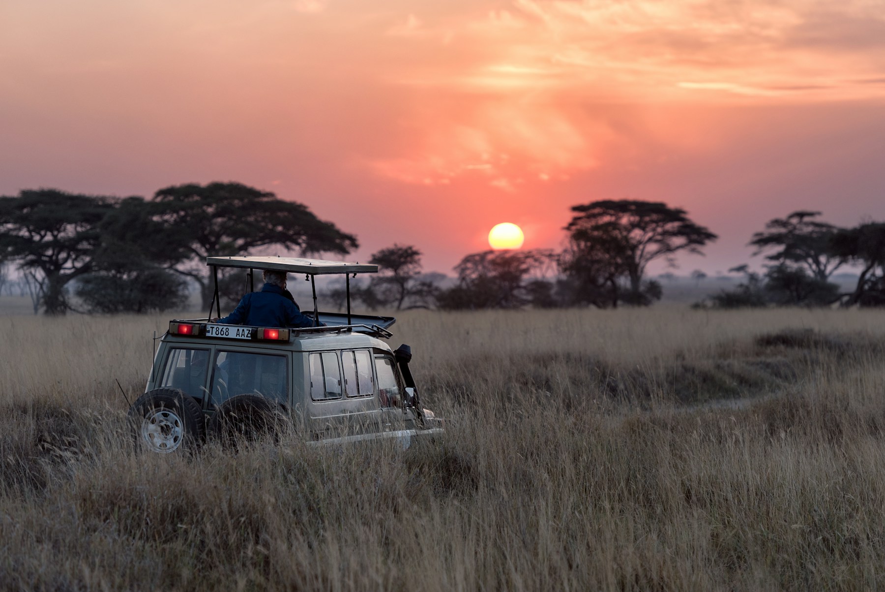 Private safari vehicle crossing the grasslands at sunset