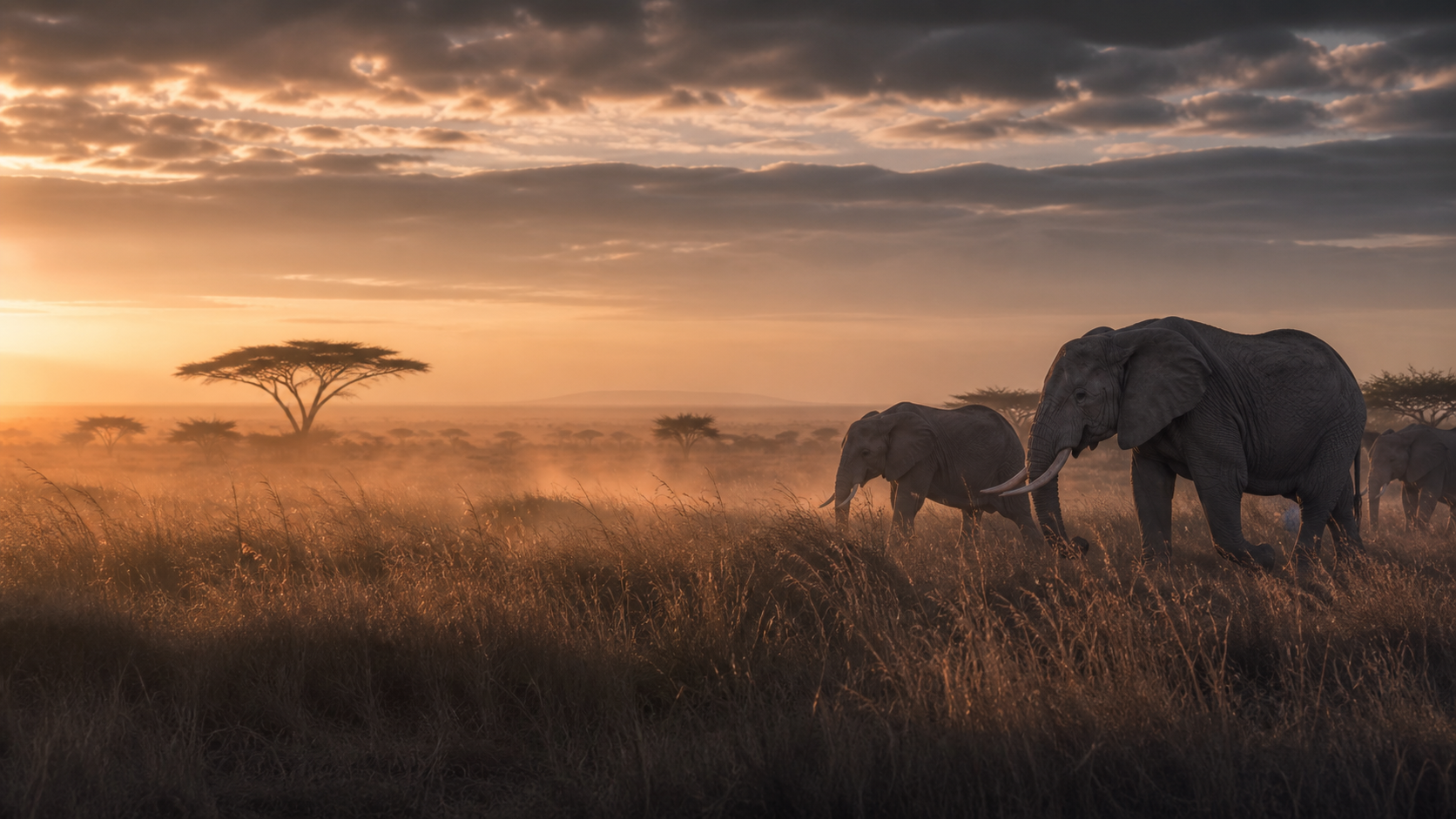 Elephants crossing the grasslands at dawn